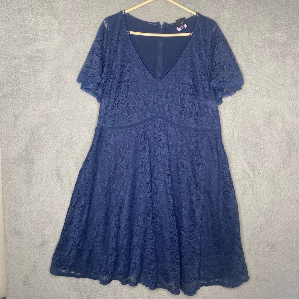 Torrid navy blue short sleeve lace vneck lined dress fancy a line girly 12